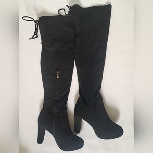 Over the Knee Boots Heels Black Faux Suede